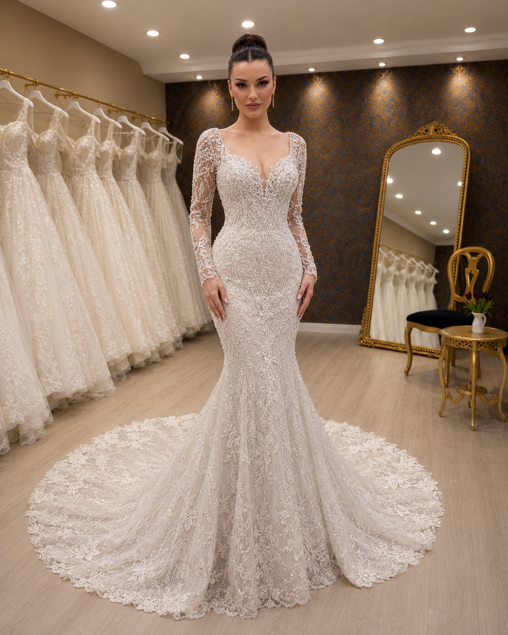 NIL-079-Soft-Ivory-Mermaid-Wedding-Dress-Full-Lace-Deep-V-Neckline-Long-Sleeve-Crystal-Beaded-Lace-Applique-Corseted-Waist-Cathedral-Train-Luxury-Couture-Dubai-Gulf-Front-View