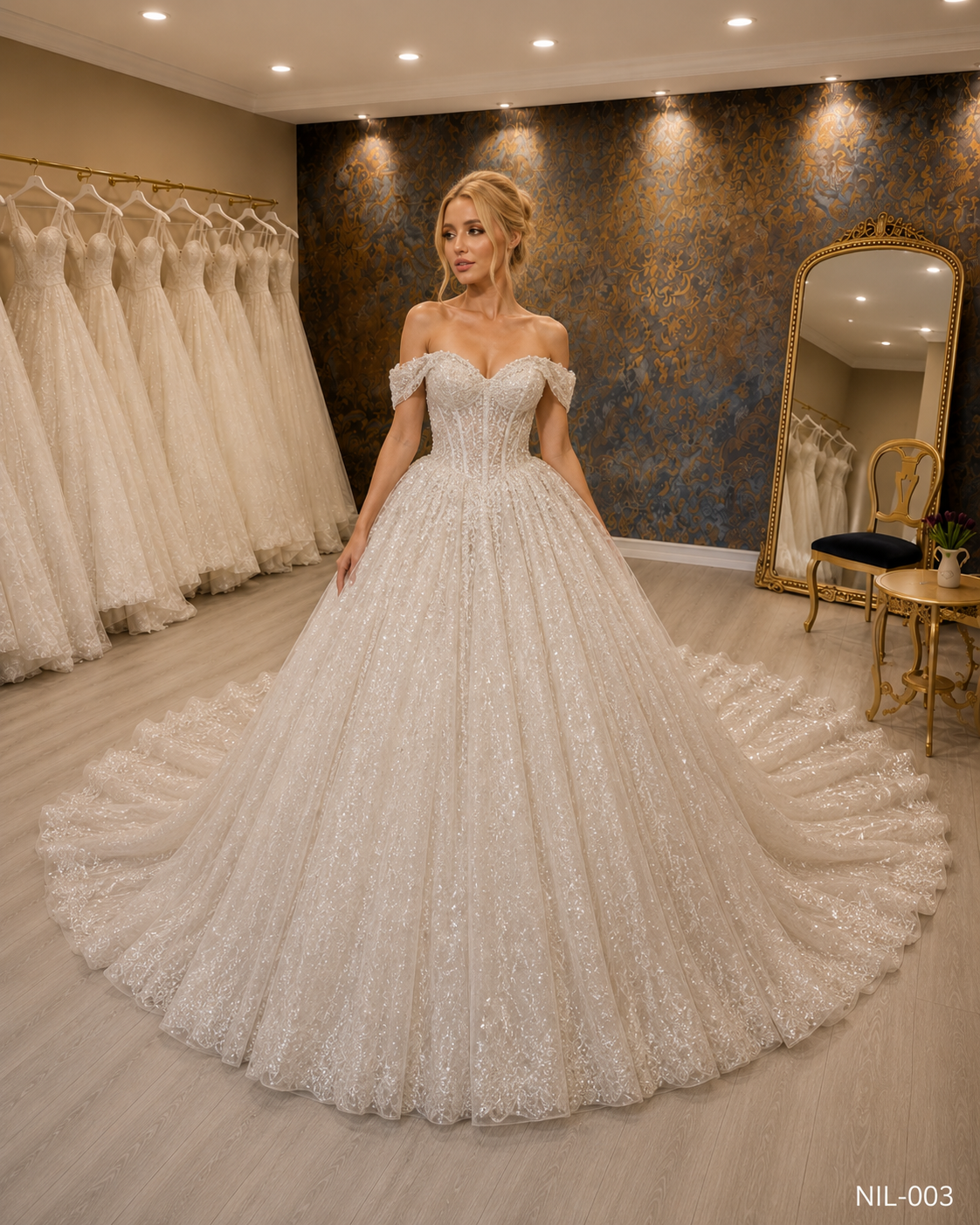 NIL-081-Ivory-Ball-Gown-Wedding-Dress-Lace-V-Neckline-Long-Lace-Sleeve-Crystal-Beaded-Lace-Applique-Natural-Waist-Cathedral-Train-Modest-Royal-Dubai-Gulf-Front-View