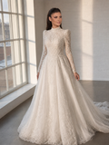 NIL-240 – Crystal Beaded Mermaid Bridal Gown with Chapel Veil | High Neck | Long Lace Sleeves | Modest Couture