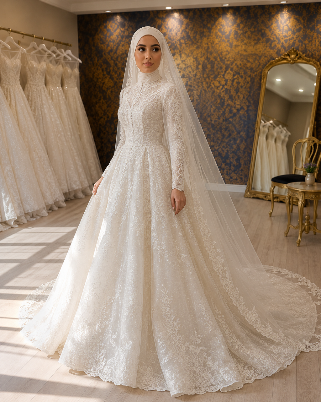 NIL-215 | Hijab Wedding Dress – Ivory Lace A-Line Gown