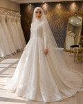 NIL-215 | Hijab Wedding Dress – Ivory Lace A-Line Gown