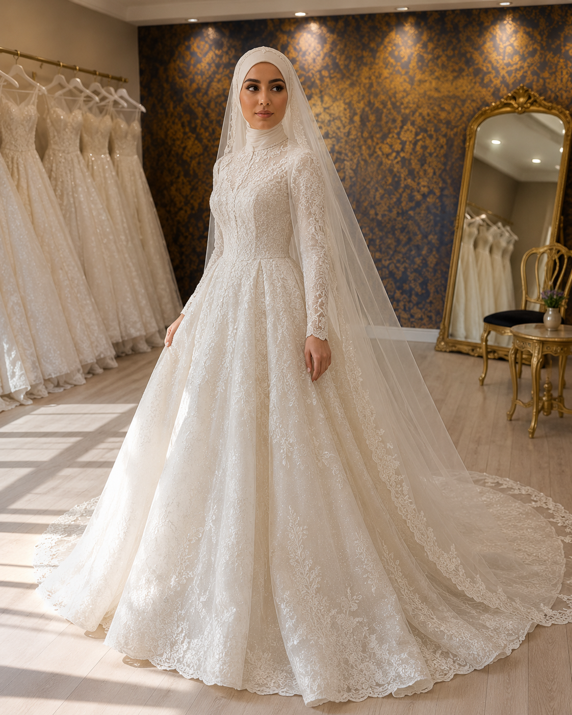 NIL-215 | Hijab Wedding Dress – Ivory Lace A-Line Gown