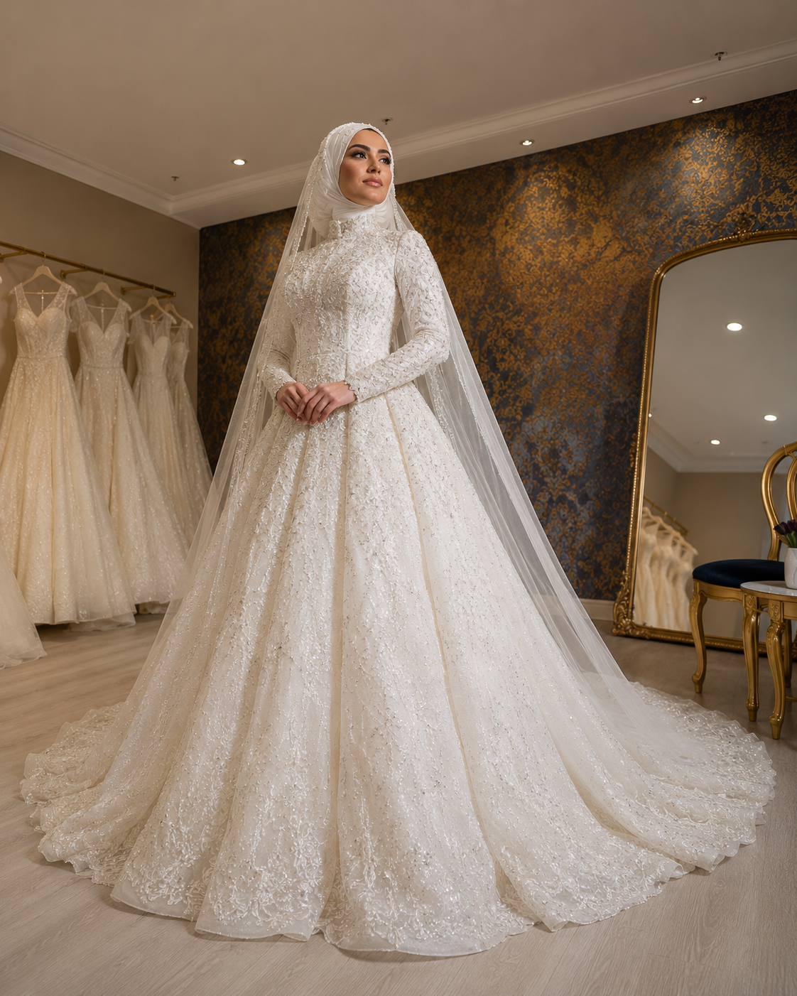 NIL-216 | Hijab Wedding Dress – Crystal Embroidered Lace Gown