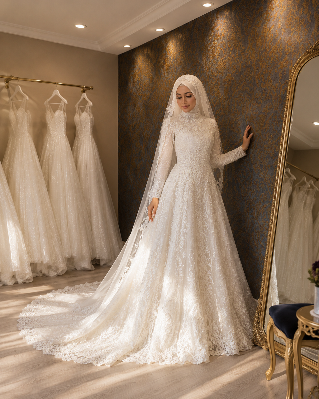NIL-215 | Hijab Wedding Dress – Ivory Lace A-Line Gown