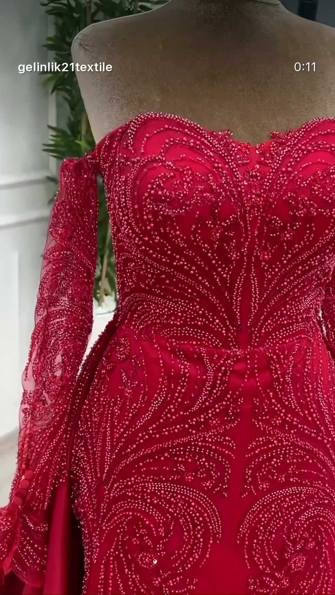 NIL 304 Red Ball Gown Beaded Tulle Engagement Dress - Image 3