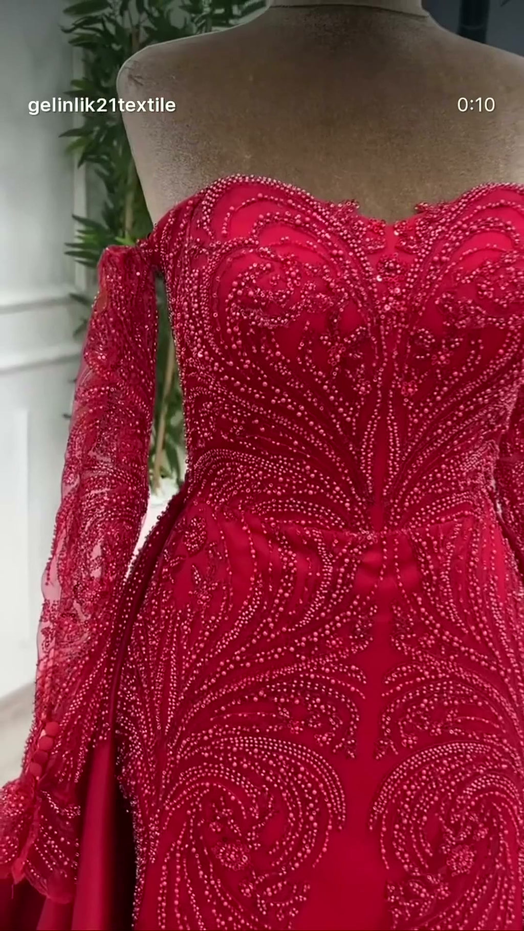 NIL 304 Red Ball Gown Beaded Tulle Engagement Dress - Image 4
