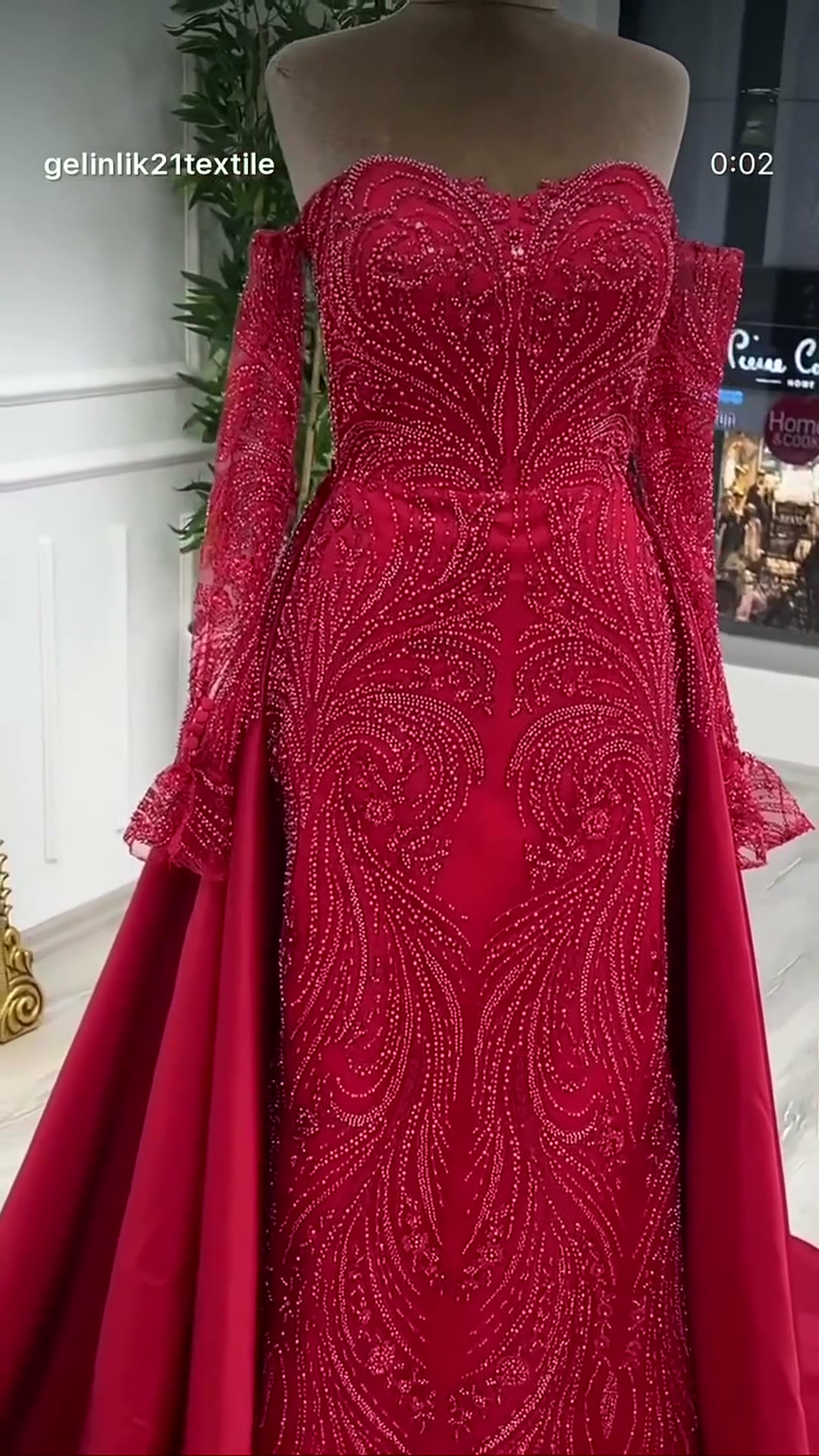 NIL 304 Red Ball Gown Beaded Tulle Engagement Dress - Image 5