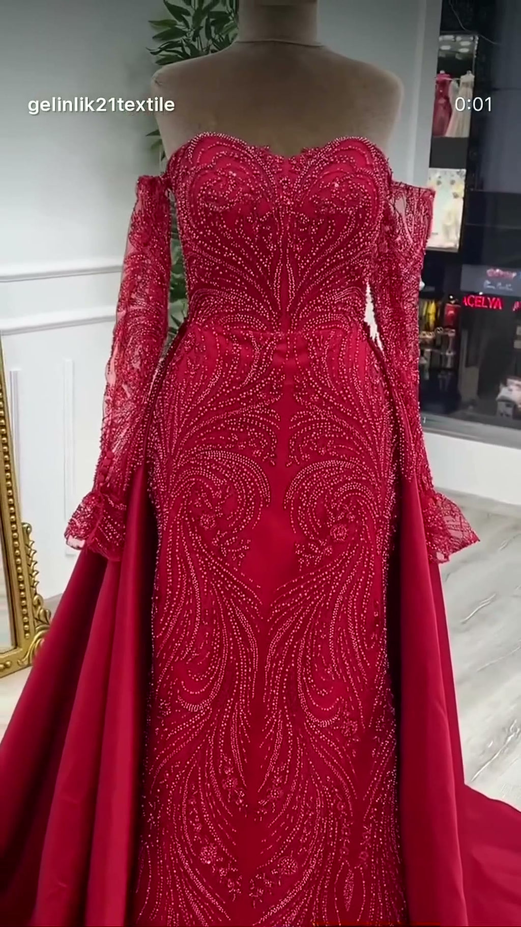 NIL 304 Red Ball Gown Beaded Tulle Engagement Dress - Image 6