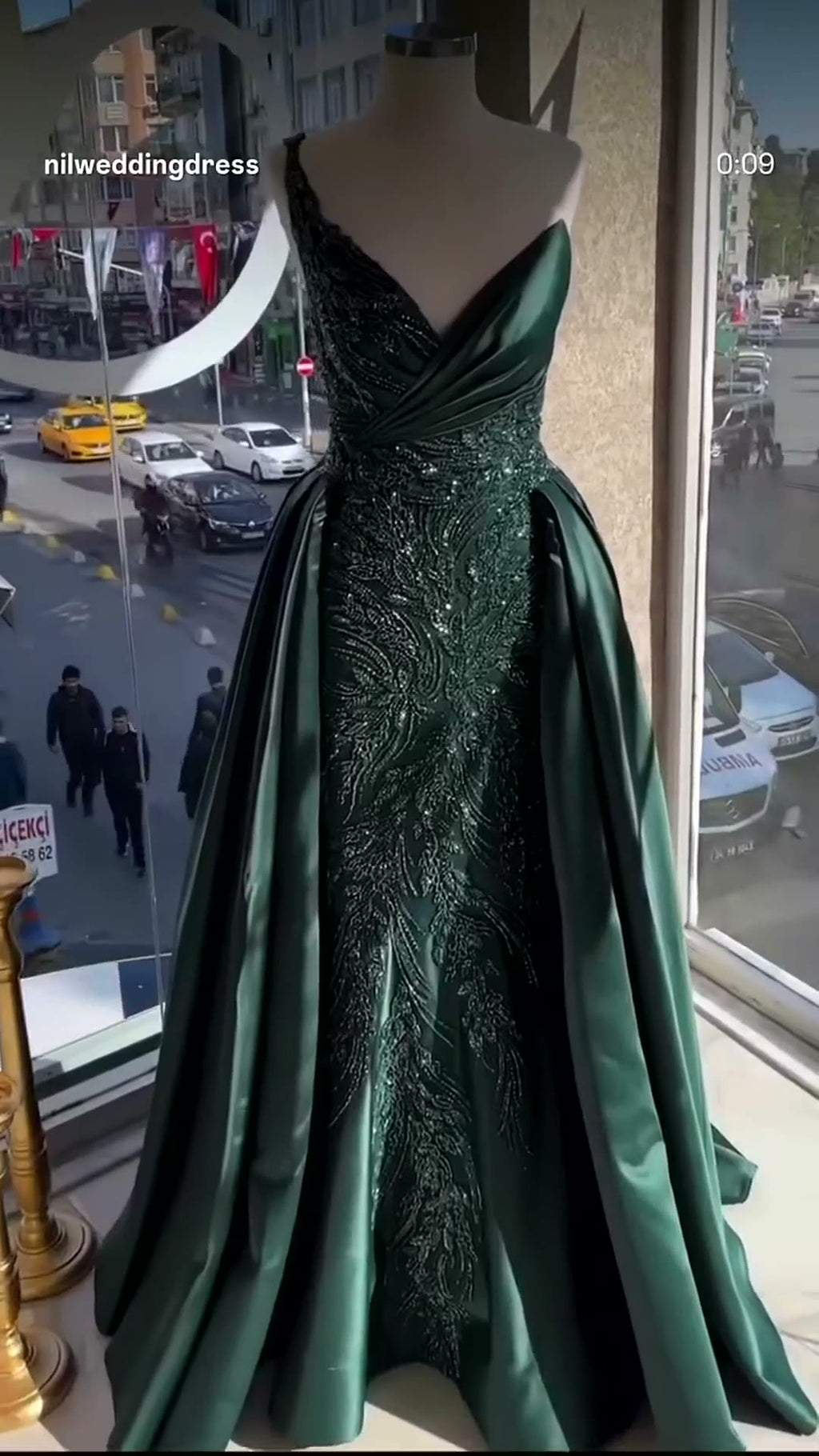 NIL 306 Emerald A-Line Sequin Beaded Satin Engagement Dress - Image 1