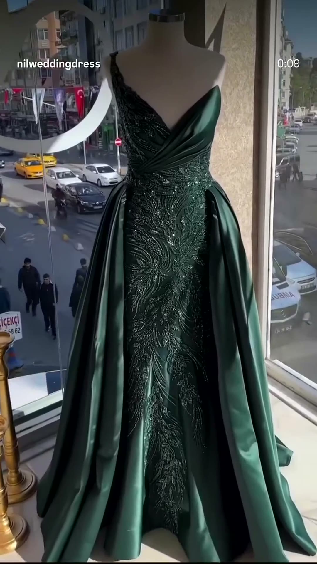 NIL 306 Emerald A-Line Sequin Beaded Satin Engagement Dress - Image 1