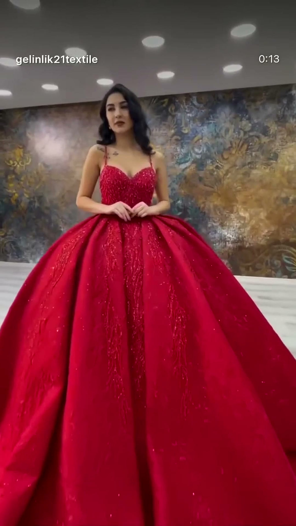 NIL 311 Red Ball Gown Beaded Satin Engagement Dress - Image 1