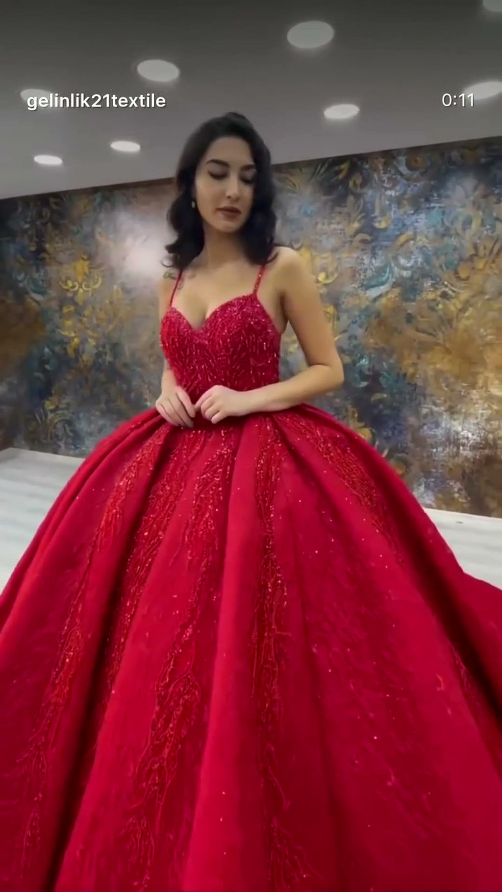 NIL 311 Red Ball Gown Beaded Satin Engagement Dress - Image 2