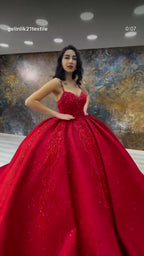 NIL 311 Red Ball Gown Beaded Satin Engagement Dress - Image 3