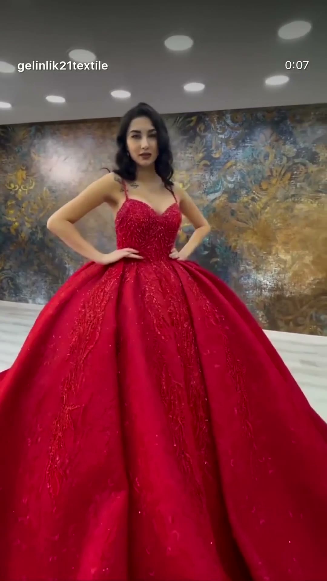 NIL 311 Red Ball Gown Beaded Satin Engagement Dress - Image 4