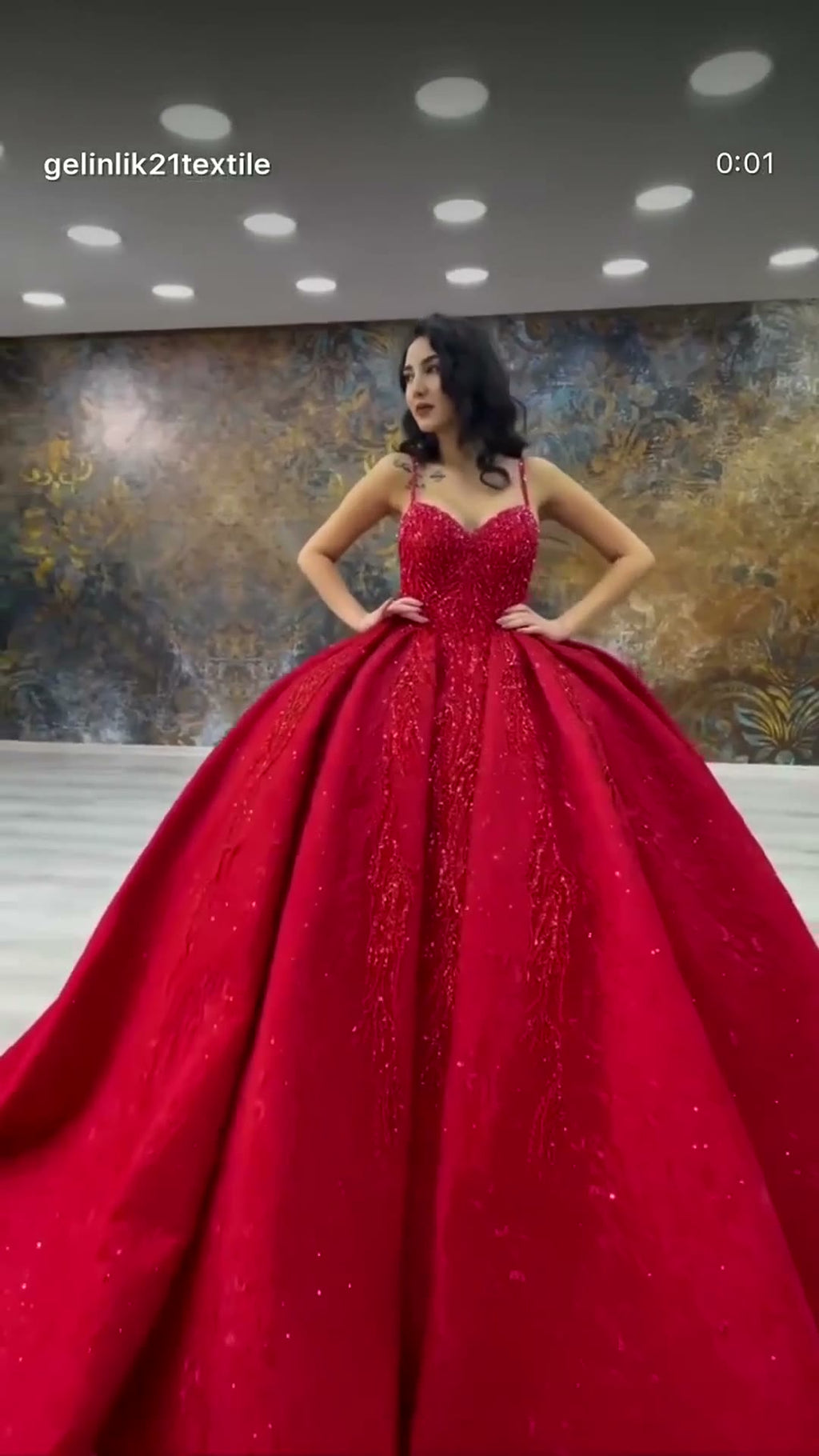 NIL 311 Red Ball Gown Beaded Satin Engagement Dress - Image 6