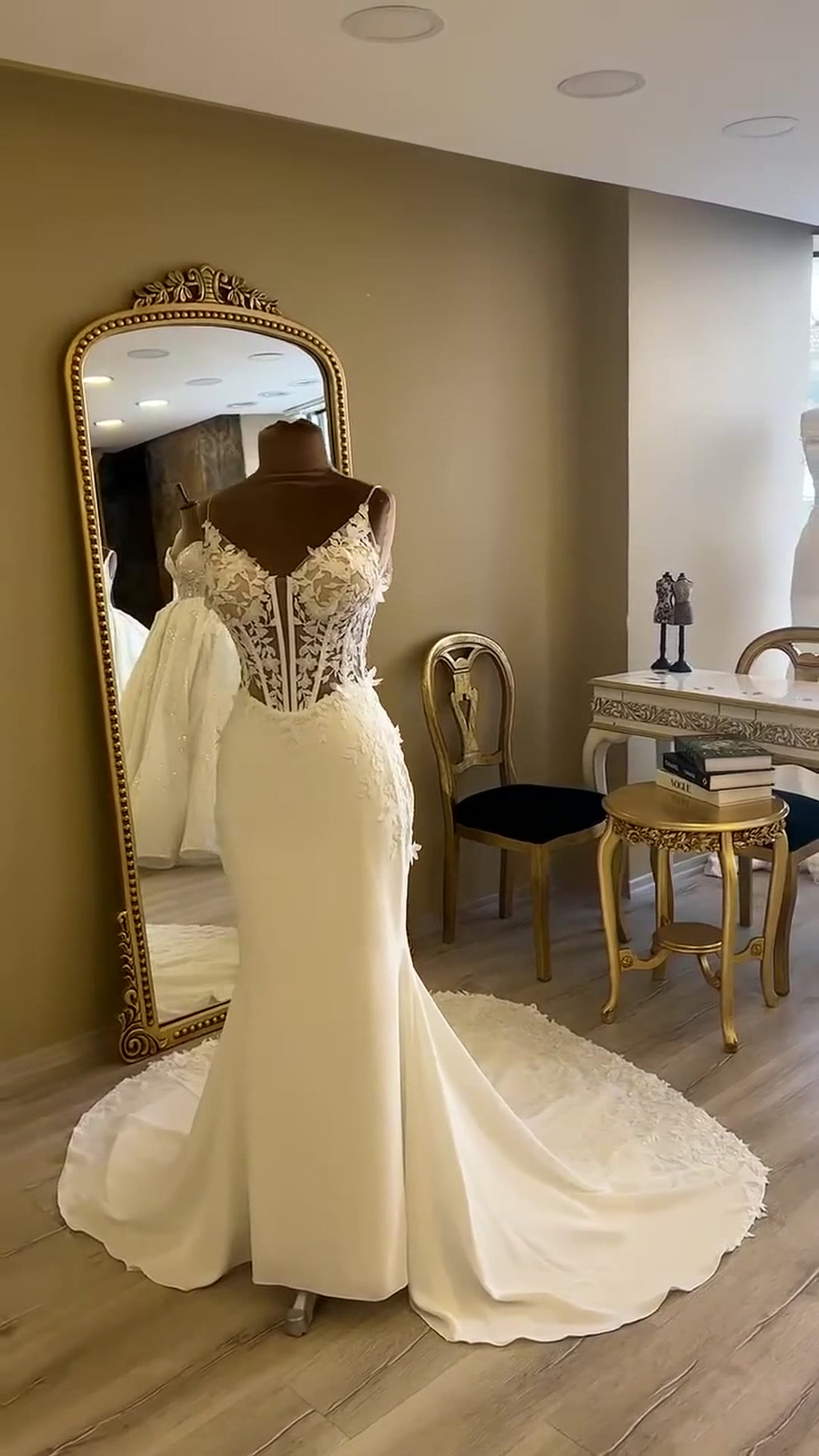 NIL 317 Ivory Mermaid Floral Lace Crepe Tulle Wedding Dress - Image 6