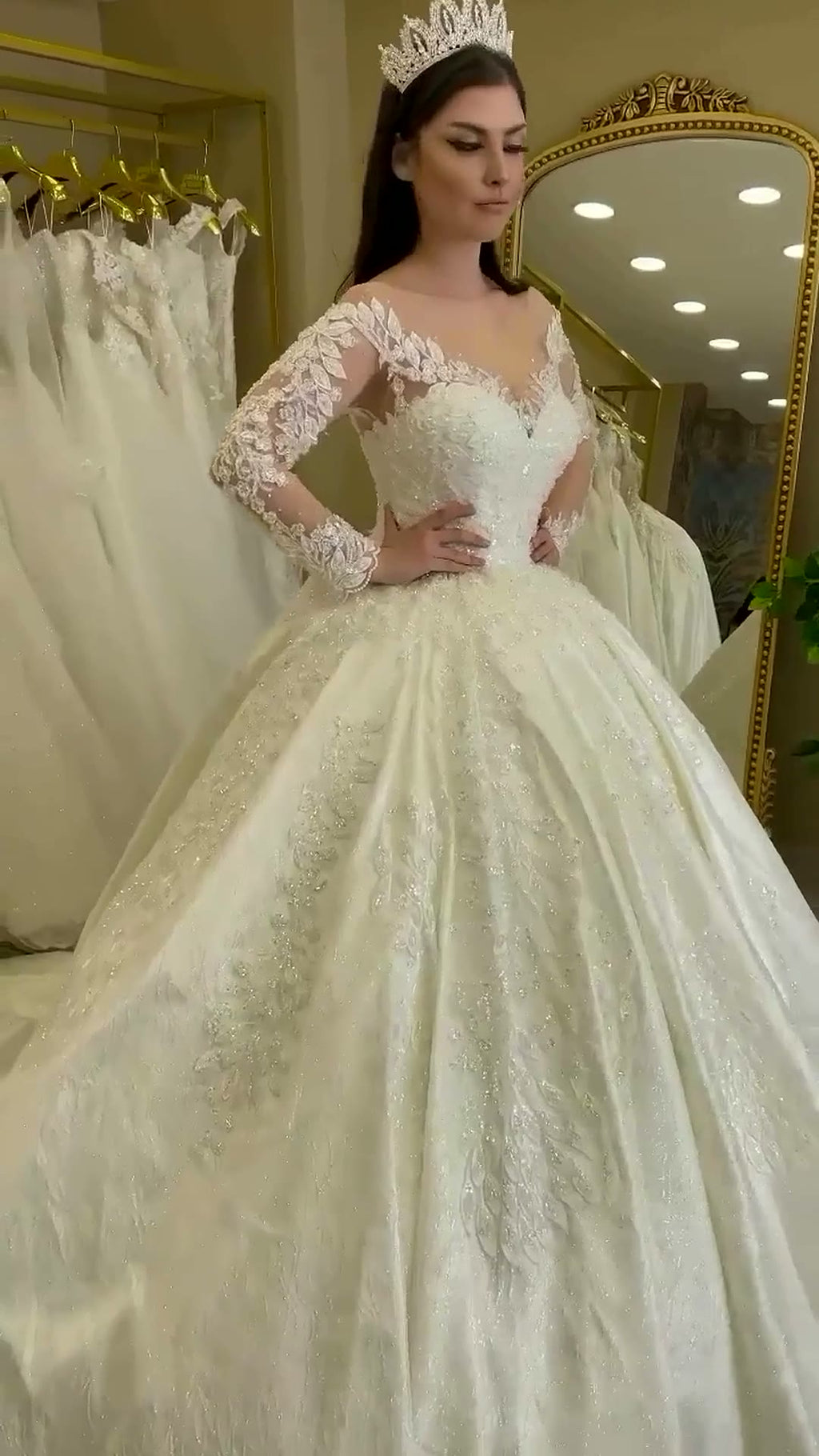 NIL 330 Ivory Ball Gown Floral Lace Tulle Wedding Dress - Image 1