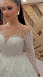 NIL 331 Ivory Ball Gown Pearl Beaded Lace Tulle Wedding Dress - Image 3