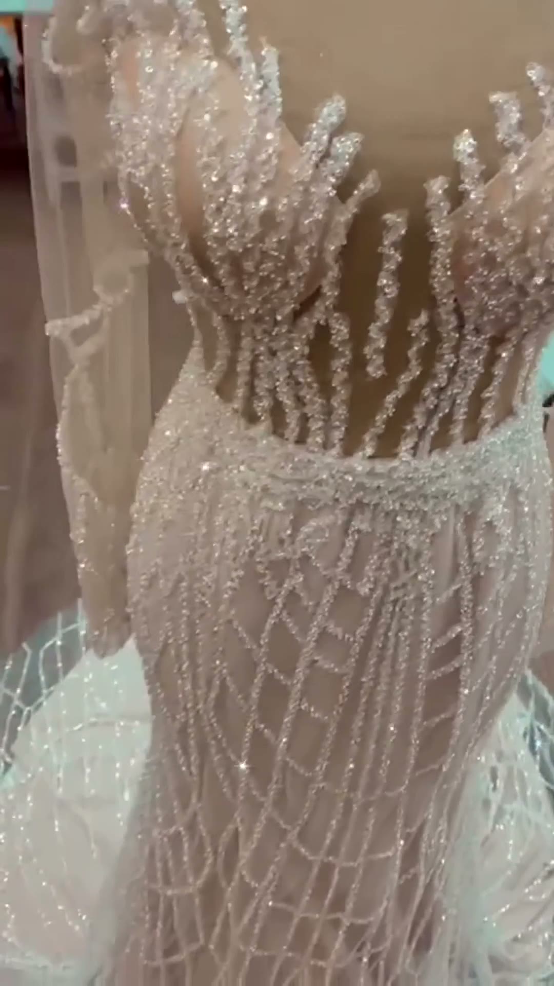 NIL 333 Ivory Ball Gown Pearl Beaded Tulle Mesh Wedding Dress - Image 2