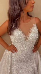 NIL 334 Ivory A-Line Crystal Beaded Tulle Mesh Wedding Dress - Image 1
