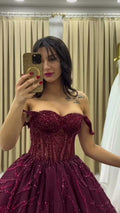NIL 339 Burgundy Ball Gown Beaded Tulle Engagement Dress - Image 1