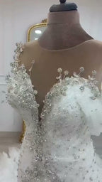 NIL 341 Ivory Ball Gown Feather Beaded Tulle Wedding Dress - Image 1