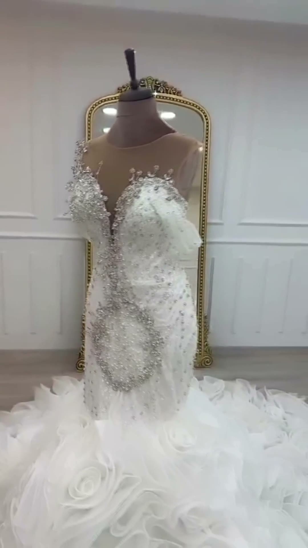 NIL 341 Ivory Ball Gown Feather Beaded Tulle Wedding Dress - Image 4