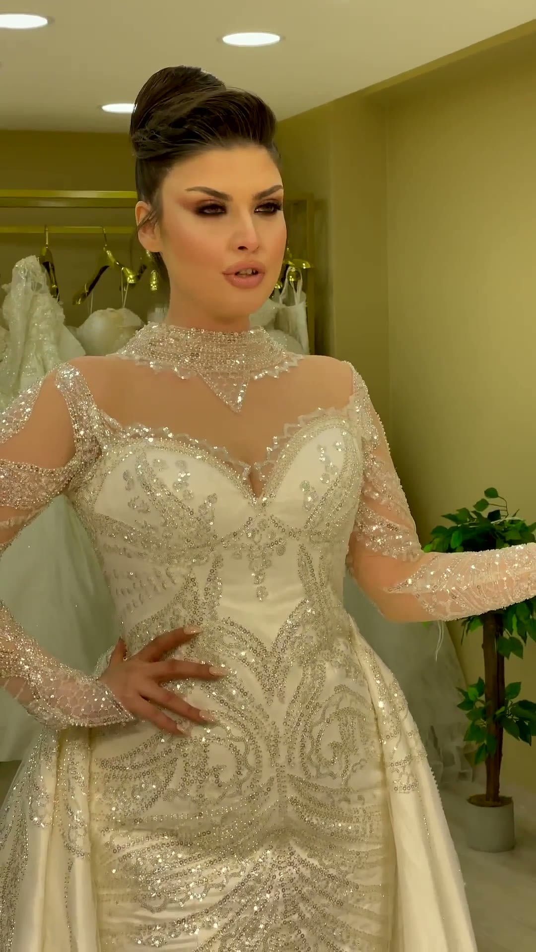 NIL 343 Champagne Mermaid Crystal Beaded Satin Lace Wedding Dress - Image 2