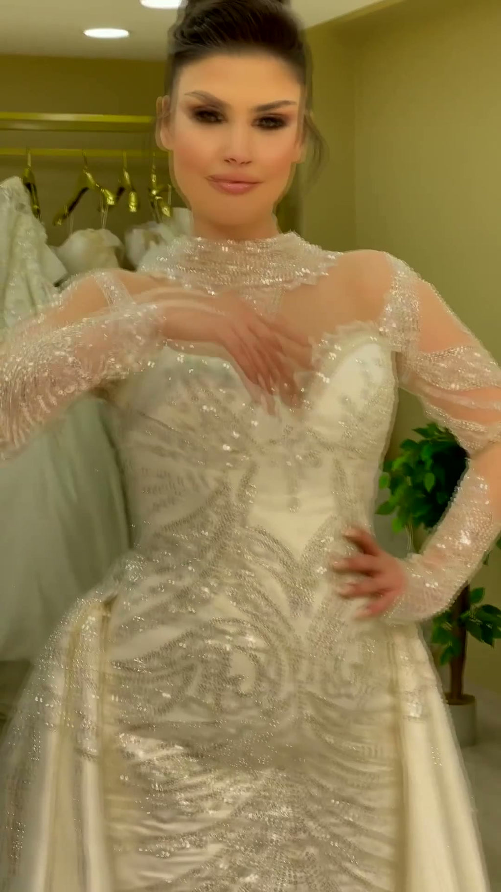 NIL 343 Champagne Mermaid Crystal Beaded Satin Lace Wedding Dress - Image 3