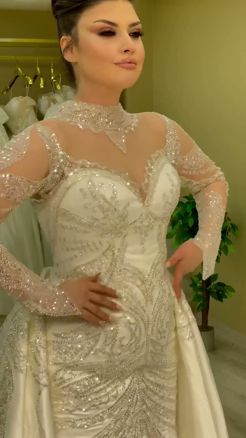 NIL 343 Champagne Mermaid Crystal Beaded Satin Lace Wedding Dress - Image 5