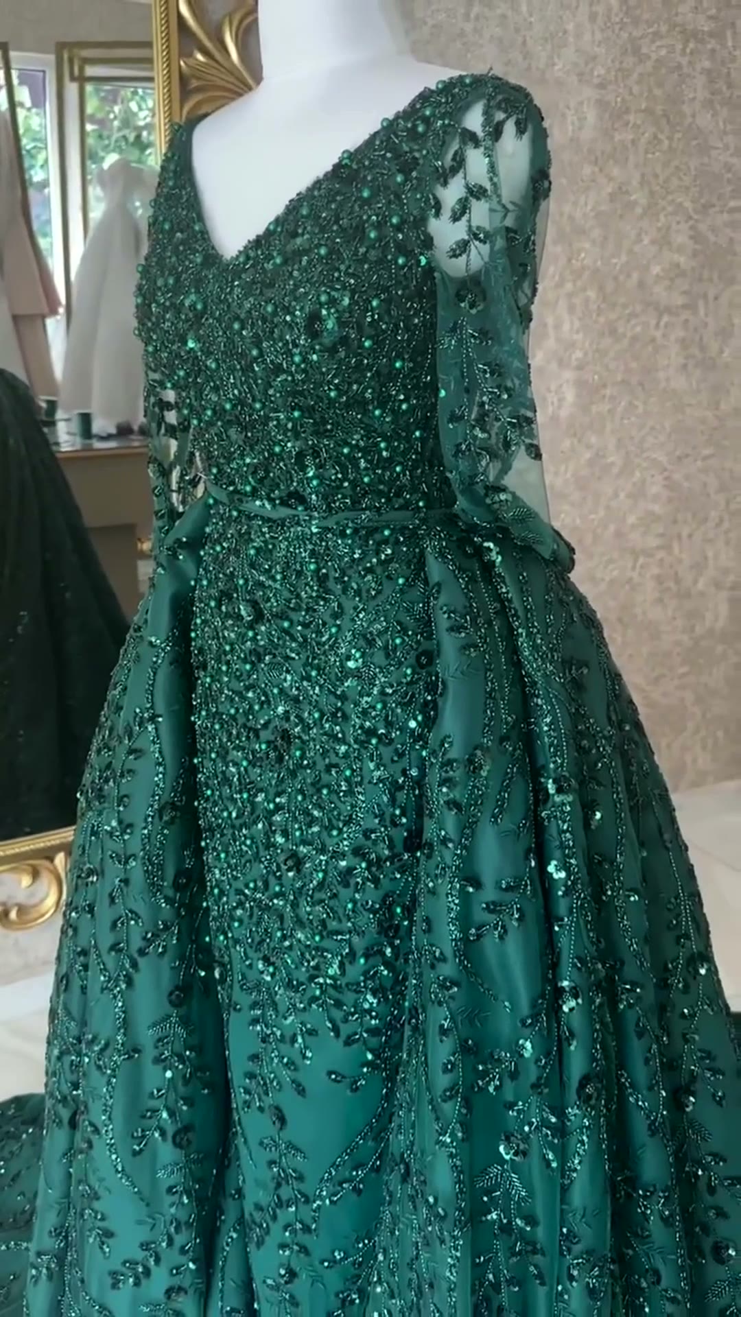 NIL 347 Emerald A-Line Sequin Beaded Lace Engagement Dress - Image 3