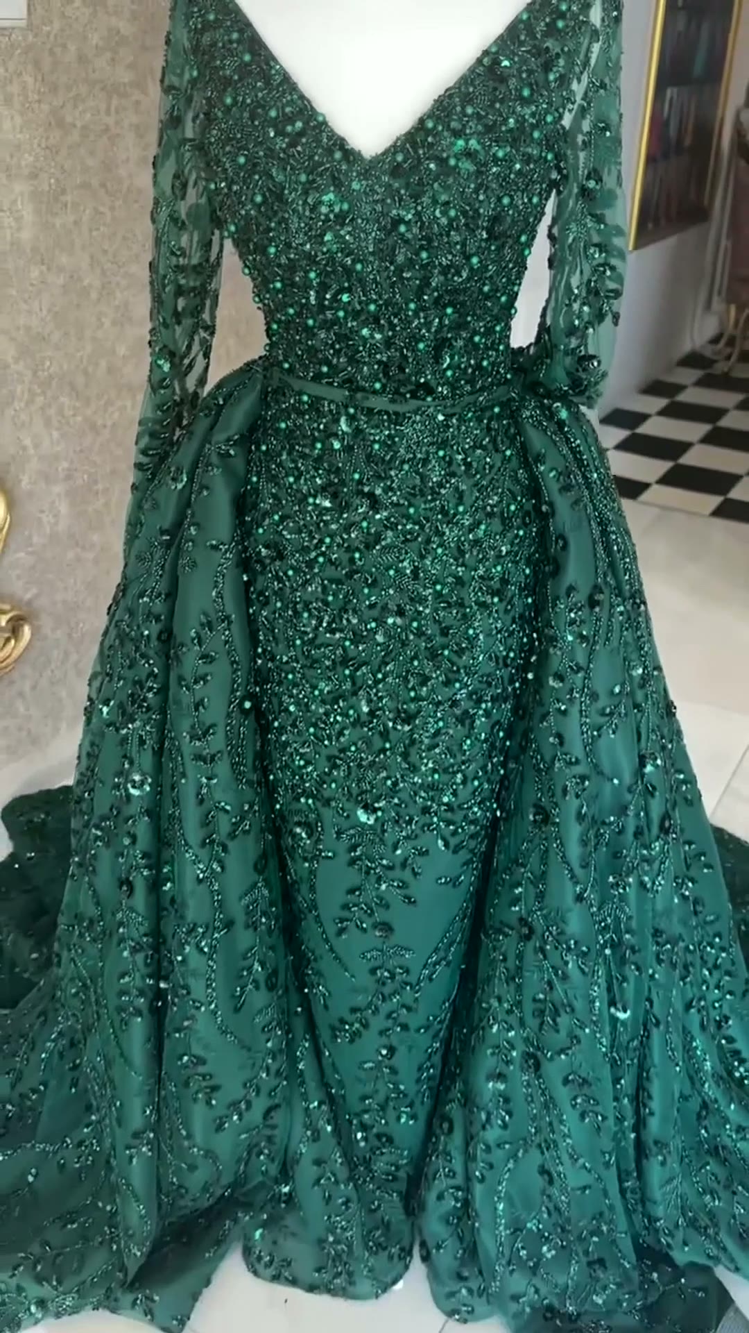 NIL 347 Emerald A-Line Sequin Beaded Lace Engagement Dress - Image 5