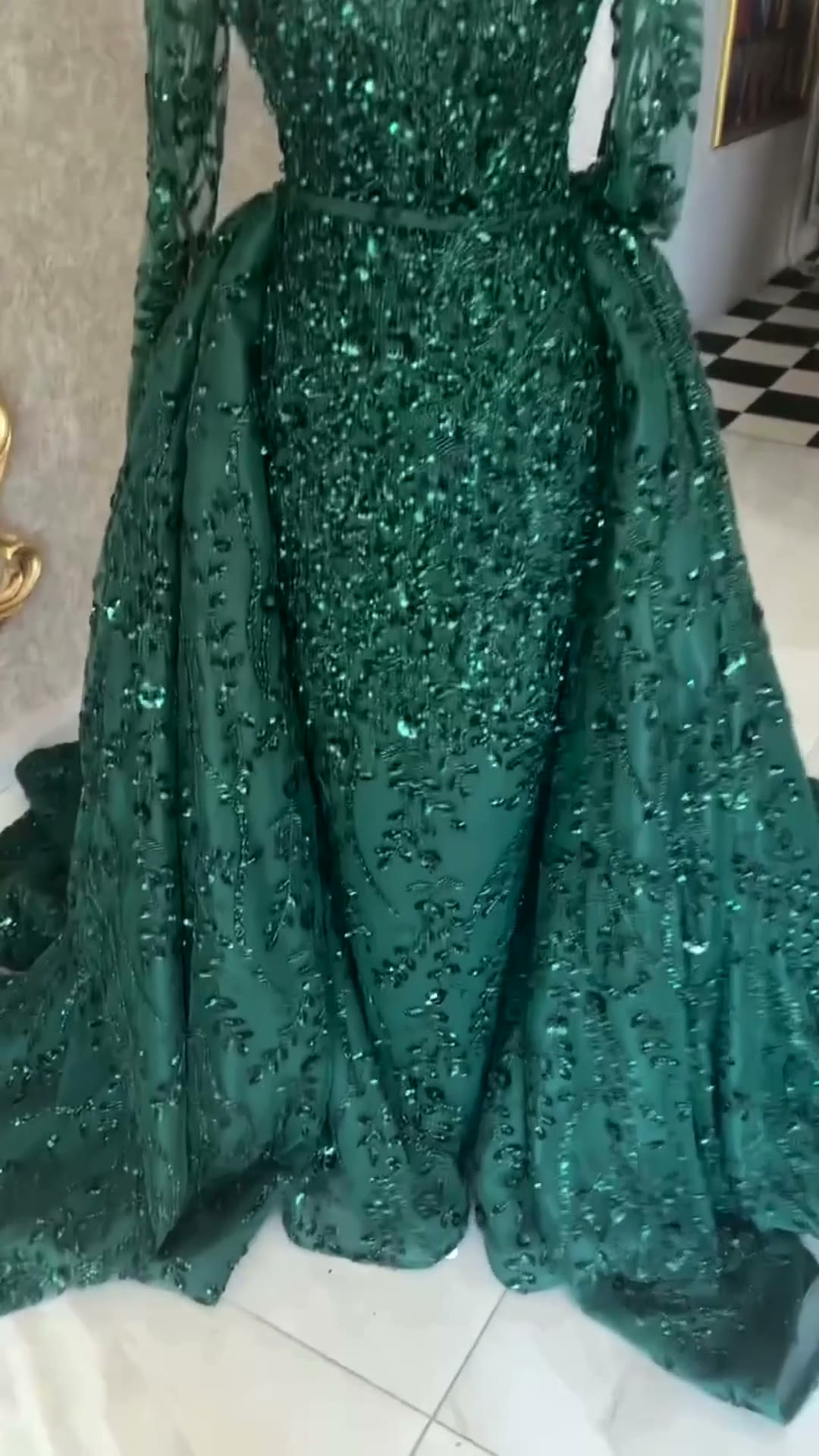 NIL 347 Emerald A-Line Sequin Beaded Lace Engagement Dress - Image 6