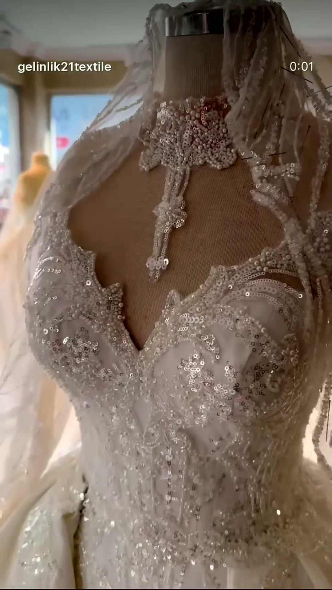 NIL 357 Ivory Ball Gown Pearl Beaded Tulle Mesh Wedding Dress - Image 6
