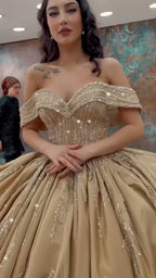 NIL 369 Champagne Ball Gown Beaded Satin Engagement Dress - Image 1