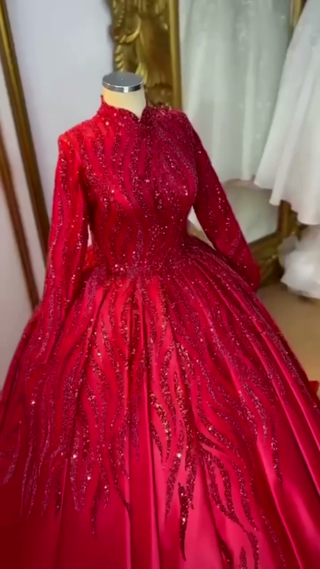 NIL 370 Red Mermaid Beaded Lace Engagement Dress - Image 6