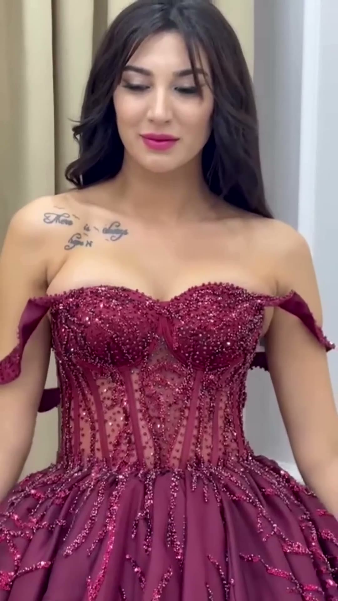 NIL 371 Burgundy Ball Gown Beaded Tulle Engagement Dress - Image 2