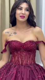 NIL 371 Burgundy Ball Gown Beaded Tulle Engagement Dress - Image 3