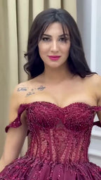 NIL 371 Burgundy Ball Gown Beaded Tulle Engagement Dress - Image 6