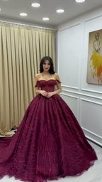 NIL 375 Burgundy Ball Gown Beaded Tulle Engagement Dress - Image 2