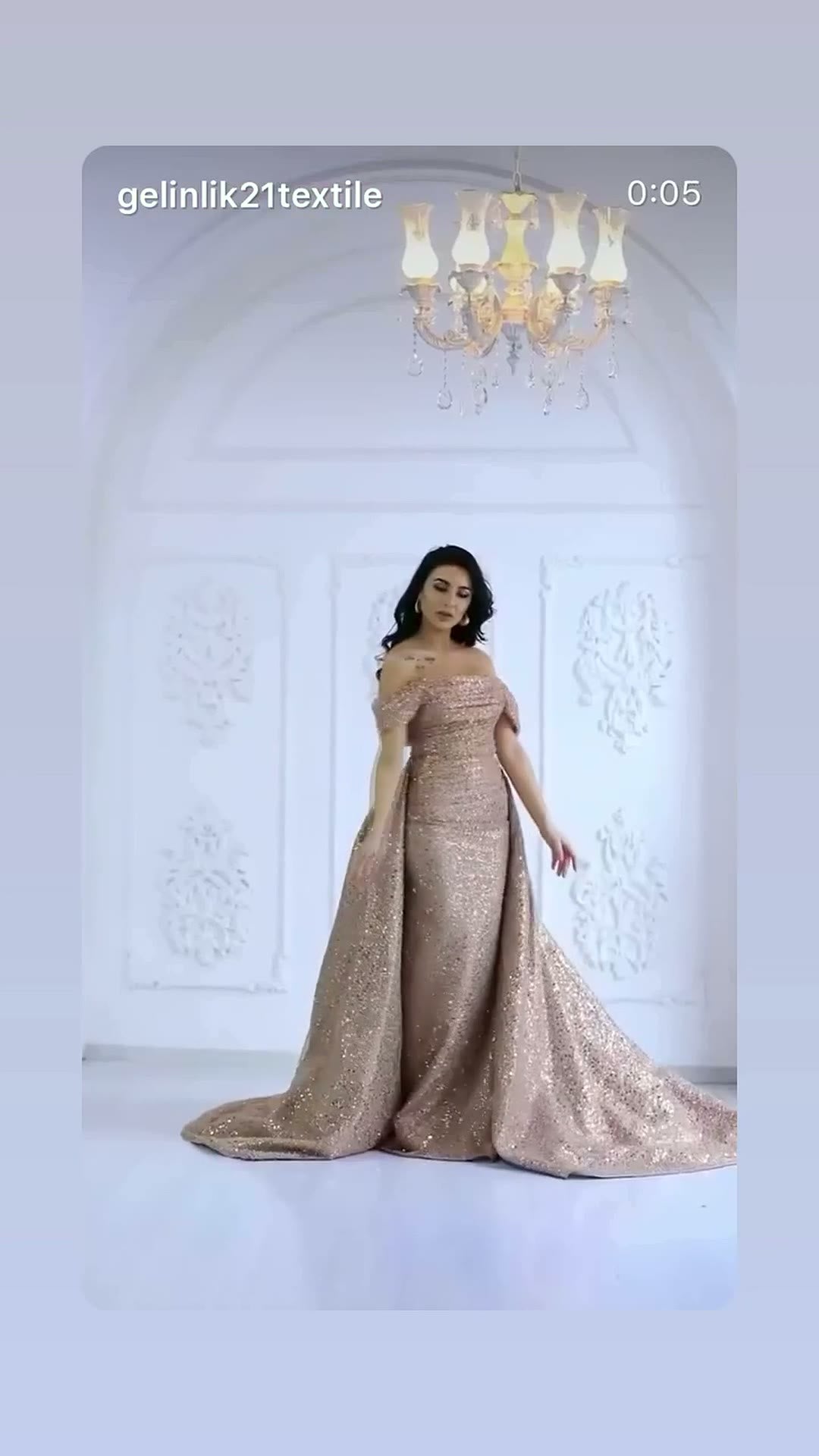 NIL 379 Champagne Mermaid Beaded Satin Engagement Dress - Image 2
