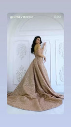 NIL 379 Champagne Mermaid Beaded Satin Engagement Dress - Image 4