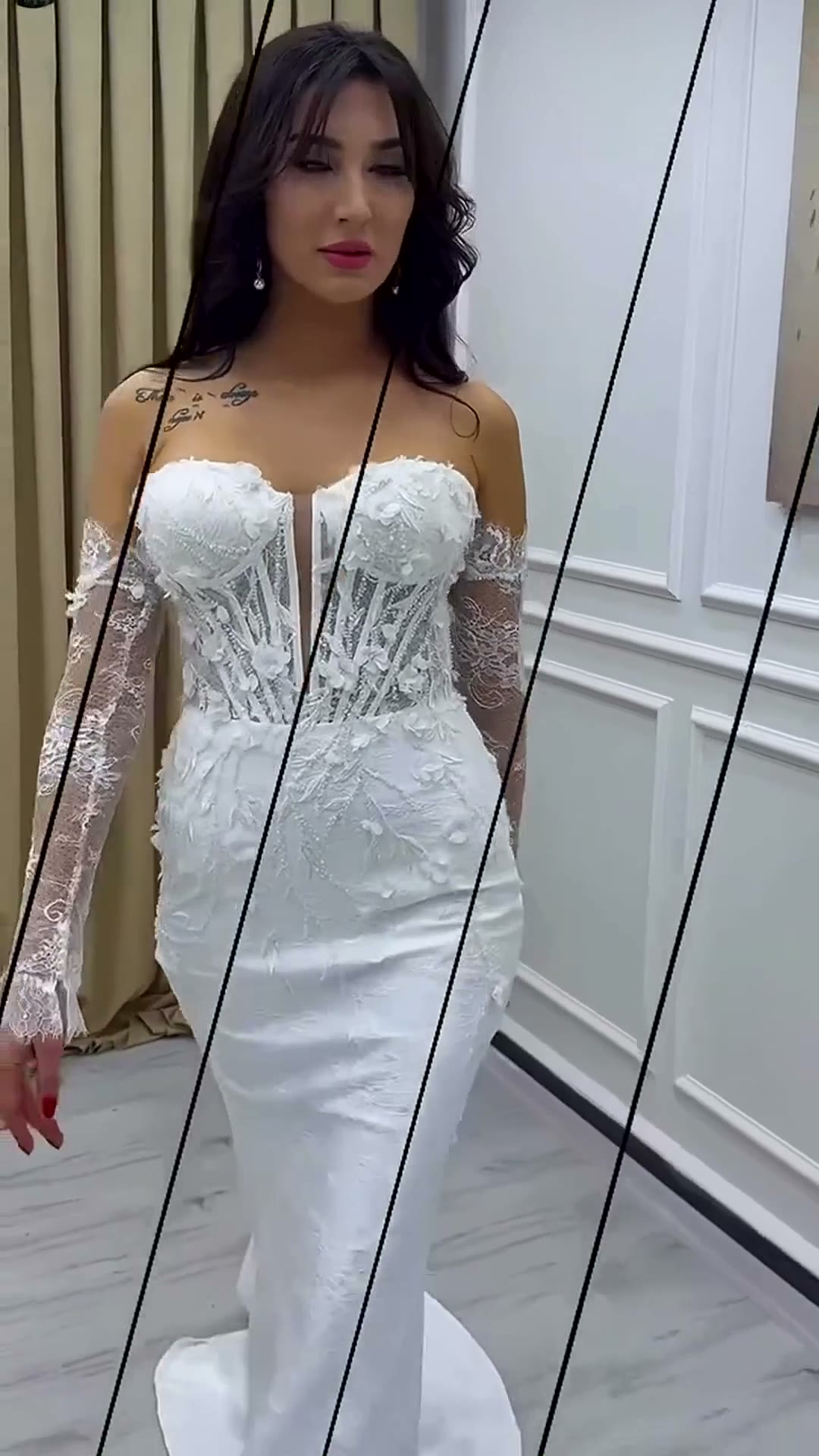 NIL 383 Ivory Mermaid Corset Beaded Satin Tulle Wedding Dress - Image 2