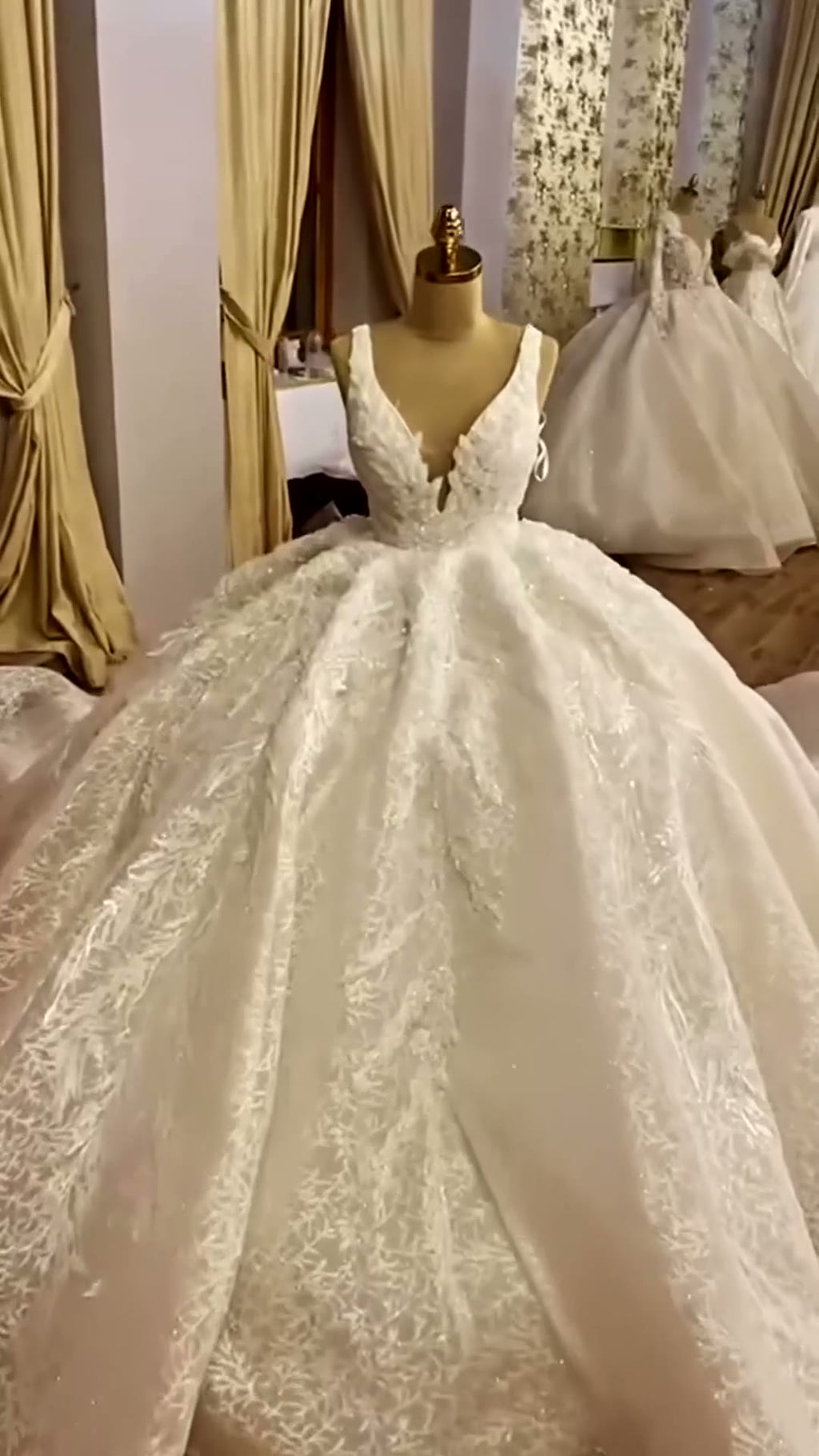 NIL 387 Ivory Ball Gown Floral Lace Mikado Wedding Dress - Image 1