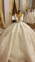 NIL 387 Ivory Ball Gown Floral Lace Mikado Wedding Dress - Image 1