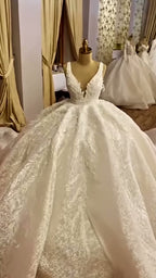 NIL 387 Ivory Ball Gown Floral Lace Mikado Wedding Dress - Image 1