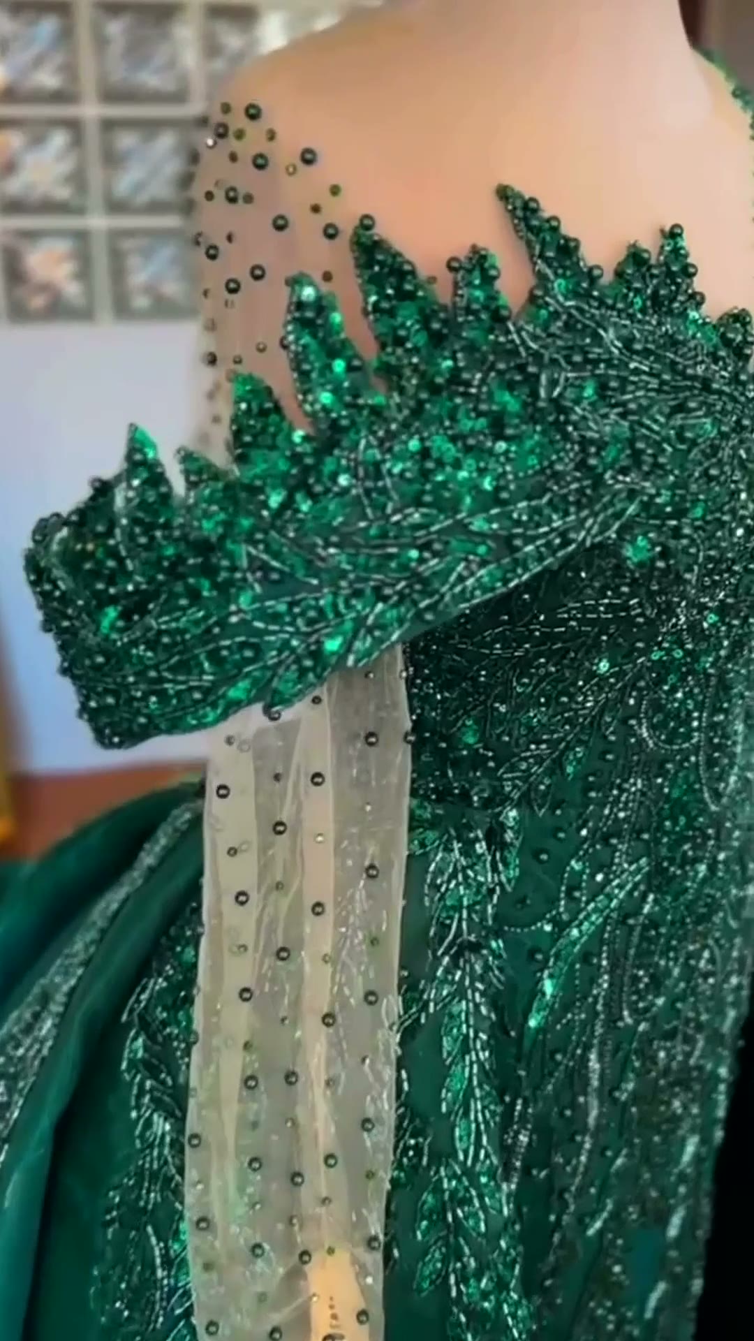NIL 389 Emerald Mermaid Beaded Lace Engagement Dress - Image 1