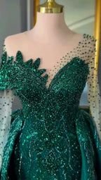 NIL 389 Emerald Mermaid Beaded Lace Engagement Dress - Image 4