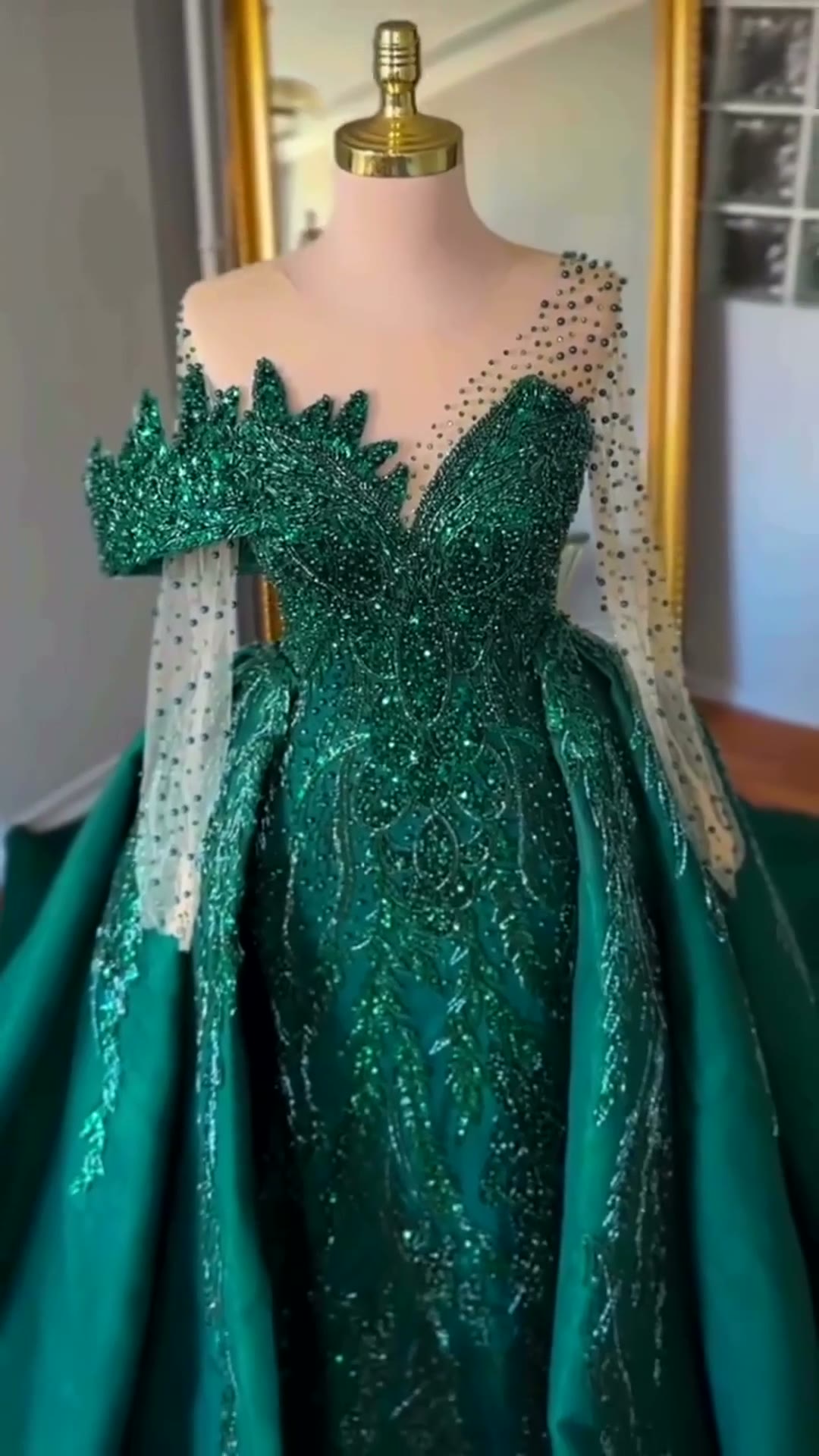 NIL 389 Emerald Mermaid Beaded Lace Engagement Dress - Image 6