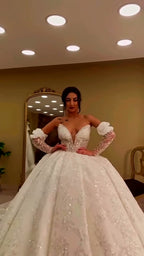 NIL 391 Ivory Ball Gown Bow Beaded Tulle Wedding Dress - Image 3